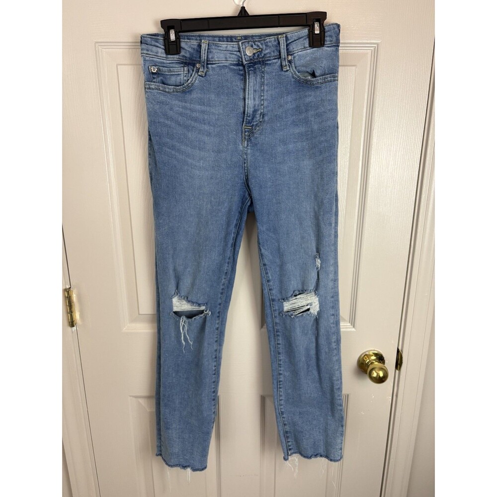 True Religion Starr Mid Rise Cropped Straight Jeans Women 28 Distressed Raw 114
